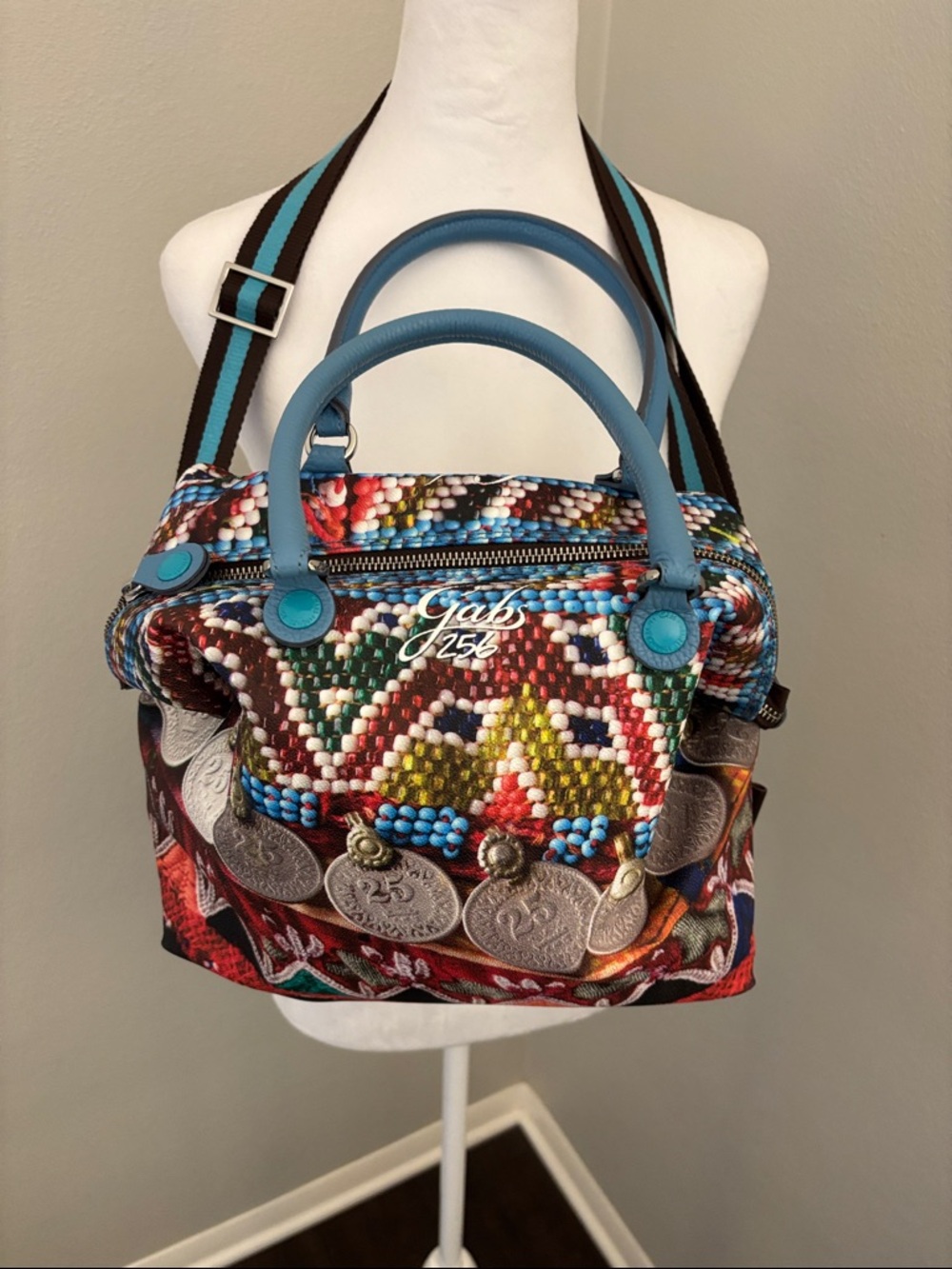 Multicolor Beaded Coin Accent Satchel - Blue Handles